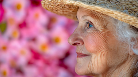 Joy Of Nature Senior Woman And Flowers. Outdoor Hobby, Retirement, Beauty, And Aging.の素材