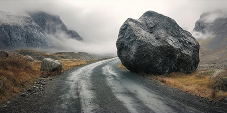 Giant Boulder Blocks Misty Mountain Road, Symbolizing Obstacle And Loneliness On Journeyの素材