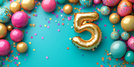 Golden Number 5 Balloon with Colorful Balloons and Confetti on a Turquoise Backgroundの素材