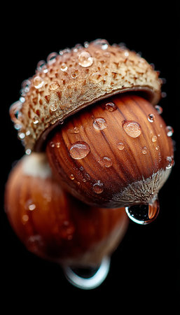 Golden Hazelnuts, Vibrant Detail, Water Droplets On Textured Skin, Illuminated On Blackの素材