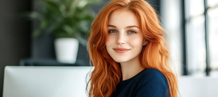 Portrait of Beautiful Young Businesswoman with Long Red Hair, Smiling at Camera in Modern Office.の素材