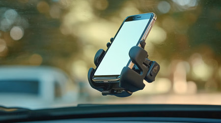 Modern Smartphone Suction Mounted on Car Windshield for Navigation and Hands-Free Usageの素材