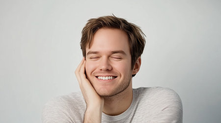 Portrait, Handsome Young Man, Gentle Smile, Eyes Closed. Skincare, Self-Care, Wellness Conceptの素材