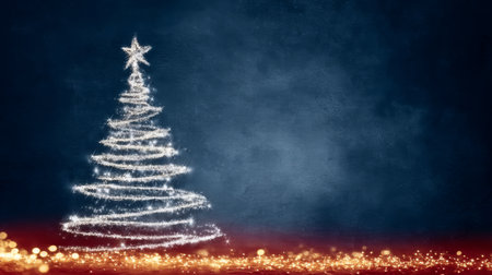 Abstract Sparkling Christmas Tree on Blue Background with Golden Glitter, Festive Holiday Conceptの素材