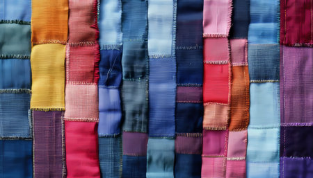 Colorful Patchwork Textile Background Reclaimed Denim Fabric Art, Sustainable Fashion Conceptの素材