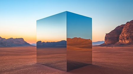 Reflective Monolith Stands in Barren Desert, Reflecting the Beauty of the Sunset, 3D Renderの素材