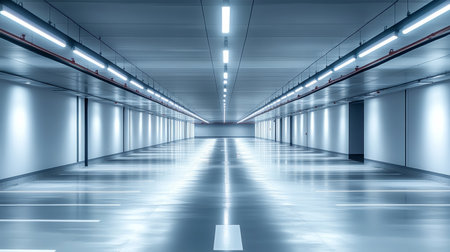 Modern Urban Parking Structure Interior with Innovative Lighting and Clearly Marked Spacesの素材