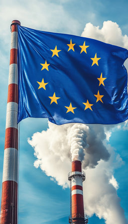 European Union Flag With Industrial Smokestack, Air Pollution And Climate Change Policy Concept.の素材