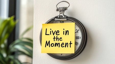Live in the Moment Note on Vintage Pocket Watch, Mindfulness, and Time Management Conceptの素材
