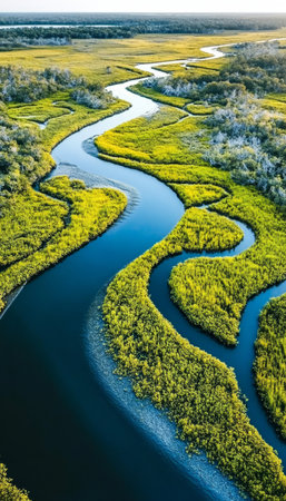 Winding River Through Lush Wetlands, Aerial View of Vibrant Nature and Meandering Waterwayの素材