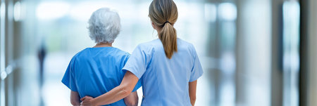 Nurse Assisting Elderly Woman Walking Down Hospital Hallway, Showing Compassion and Careの素材