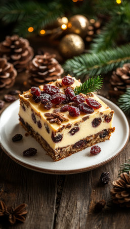 Festive Fruitcake Slice with Dried Cranberries and Nuts on White Plate, Holiday Dessertの素材
