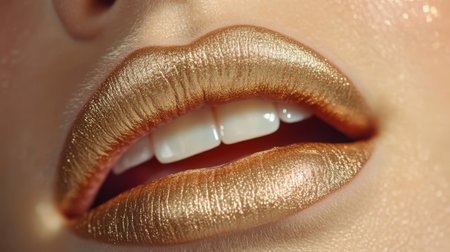 Close-up of Female Lips with Vibrant, Shimmering Golden Lipstick, Makeup and Beauty Concept.の素材