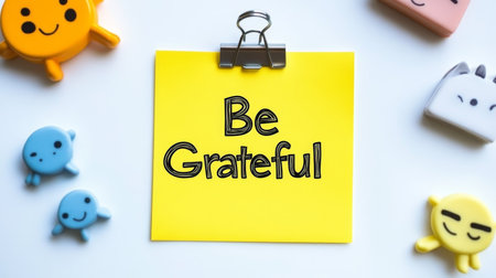 Yellow Sticky Note With Be Grateful Message On White Background, Surrounded By Cute Erasersの素材