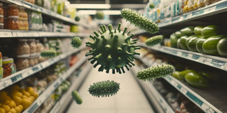 Microscopic View, Bacteria, Virus, Germs, in Grocery Store Produce Section, Food Safetyの素材
