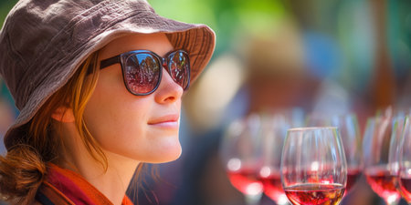 Woman Enjoying Wine Tasting Event, Glasses, and Blurred Vineyards Background, Copy Spaceの素材