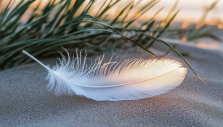 Lost Innocence Solitary White Feather Rests on Beach Sand Near Dune Grass, Lit by Golden Lightの素材