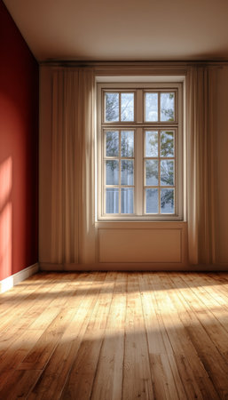 Empty Room, Sunlight Streams through the Window, Minimalist Interior Design, Wood Floorの素材