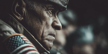 Wrinkled Face Of American Hero Portrait Of A Solemn Veteran Contemplating Veterans Dayの素材