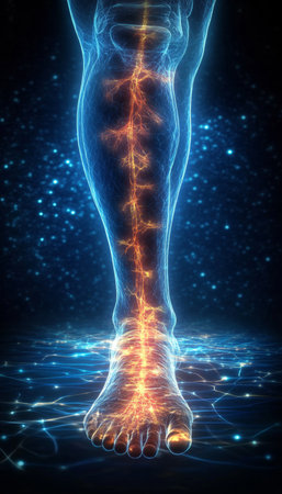 Neuropathic Foot Pain, Burning Sensation in Human Leg, Nerve Damage Concept, 3D Illustrationの素材