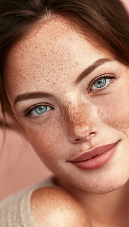 Portrait of Beautiful Woman. Clear Skin and Freckles With Natural Makeup. Space for Text.の素材