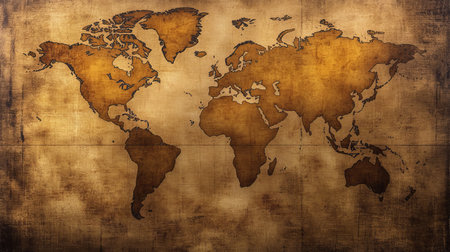 Vintage Geographic World Map on Damaged Paper Showcasing Continents and Historic Explorationsの素材