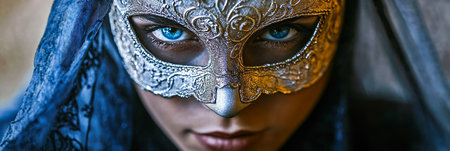 Mysterious Gaze Woman in Blue Veil Concealing Her Identity With an Ornate Silver Venetian Maskの素材