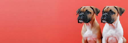 Two Adorable Boxer Puppies on a Red Background, Perfect for Pet Adoption or Valentine s Day.の素材