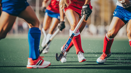 Field Hockey Player Dribbling with Skill Past Defenders in a Competitive Match, Sport Action Imageの素材