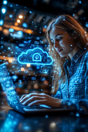 Focused Woman Working on Laptop with Cloud Computing Symbol, Productivity and Technology Conceptの素材