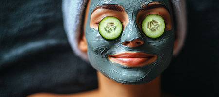 Woman with a blue cosmetic face mask and cucumber slices relaxes, enjoying a spa treatment.の素材