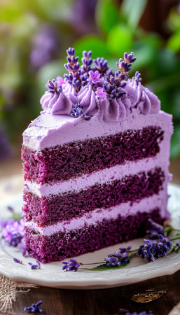 Elegant Slice of Lavender Cake with Floral Buttercream Frosting and Garnish on White Plateの素材