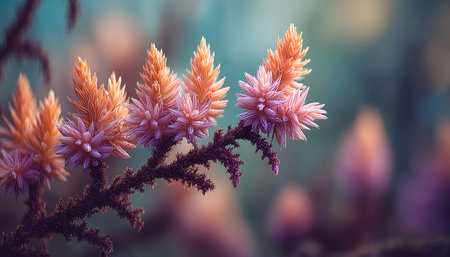 Close-up Of Pastel Pink And Orange Celosia Flowers On A Branch With Soft Focus Backgroundの素材