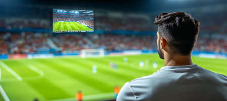 Man Watching Football Match At Stadium With Game And Crowd Blurred In Background. Text Copy Spaceの素材