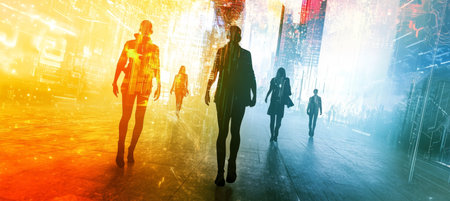 Silhouetted Figures Walking Through Futuristic Corridor With Glowing Neon Lines, Concept Artの素材