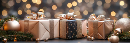 Elegant Cream and Gold Christmas Presents and Ornaments on a Festive Bokeh Backgroundの素材