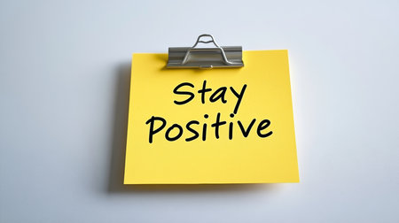 Yellow Sticky Note With Stay Positive Text, Attached With Metal Clip On White Backgroundの素材