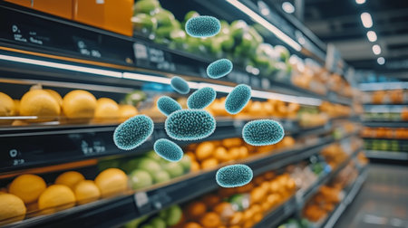 Invisible Threat Bacteria Contamination Visualized in a Supermarket s Fresh Produce Section.の素材