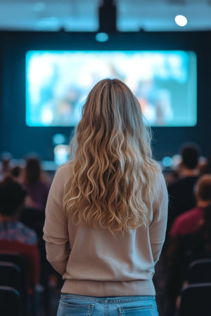 Fan Enjoys Live Music Show, Blurred Background for Text Placement, Blonde Woman Attendeeの素材