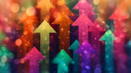 Vibrant Upward Arrows, Symbolizing Growth, Progress, and Success, on Colorful Bokeh Backgroundの素材