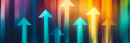 Upward Arrows on Colorful Bokeh Background, Growth, Success, and Achievement Concept.の素材