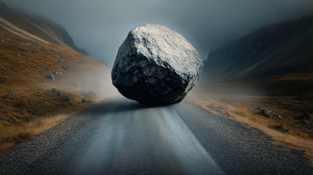 Mist Shrouded Mountain Road Blocked By Massive Boulder A Testament To Nature s Power.の素材