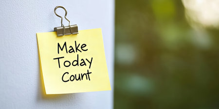 Make Today Count, Yellow Sticky Note On White Background With Binder Clip, Inspirational Quoteの素材