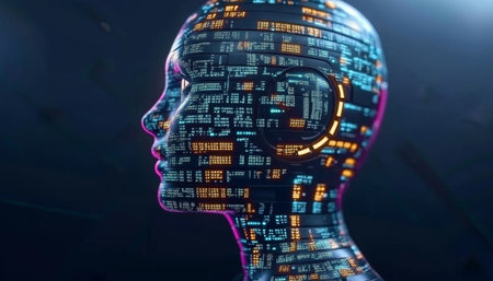 Artificial Intelligence Side Profile of Human Head Formed by Circuitry and Code, Technology Conceptの素材