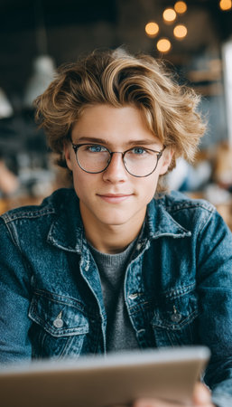 Focused Young Man Browsing on Tablet Warm, Modern Cafe Atmosphere Surrounds Stylish Millennialの素材