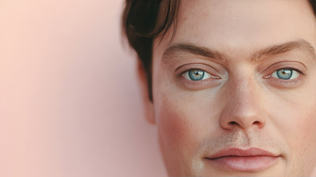 Close-up Portrait of a Young Man with Striking Blue Eyes, Freckles, and a Neutral Expressionの素材