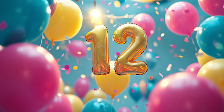 Golden Number 12 Balloons With Colorful Balloons, Confetti, And Bokeh Background, 3D Renderingの素材