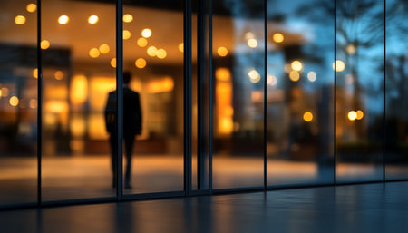 Businessman Walking in Corporate Office Lobby, Blurred Interior with City Lights, Copy Space.の素材