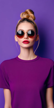 Trendy Woman With Red Lipstick and Sunglasses on Purple Background , Stylish Portrait Posingの素材
