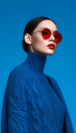 Fashion Model In Blue On Blue Background. , Stylish Young Woman With Red Lipstick And Glasses.の素材